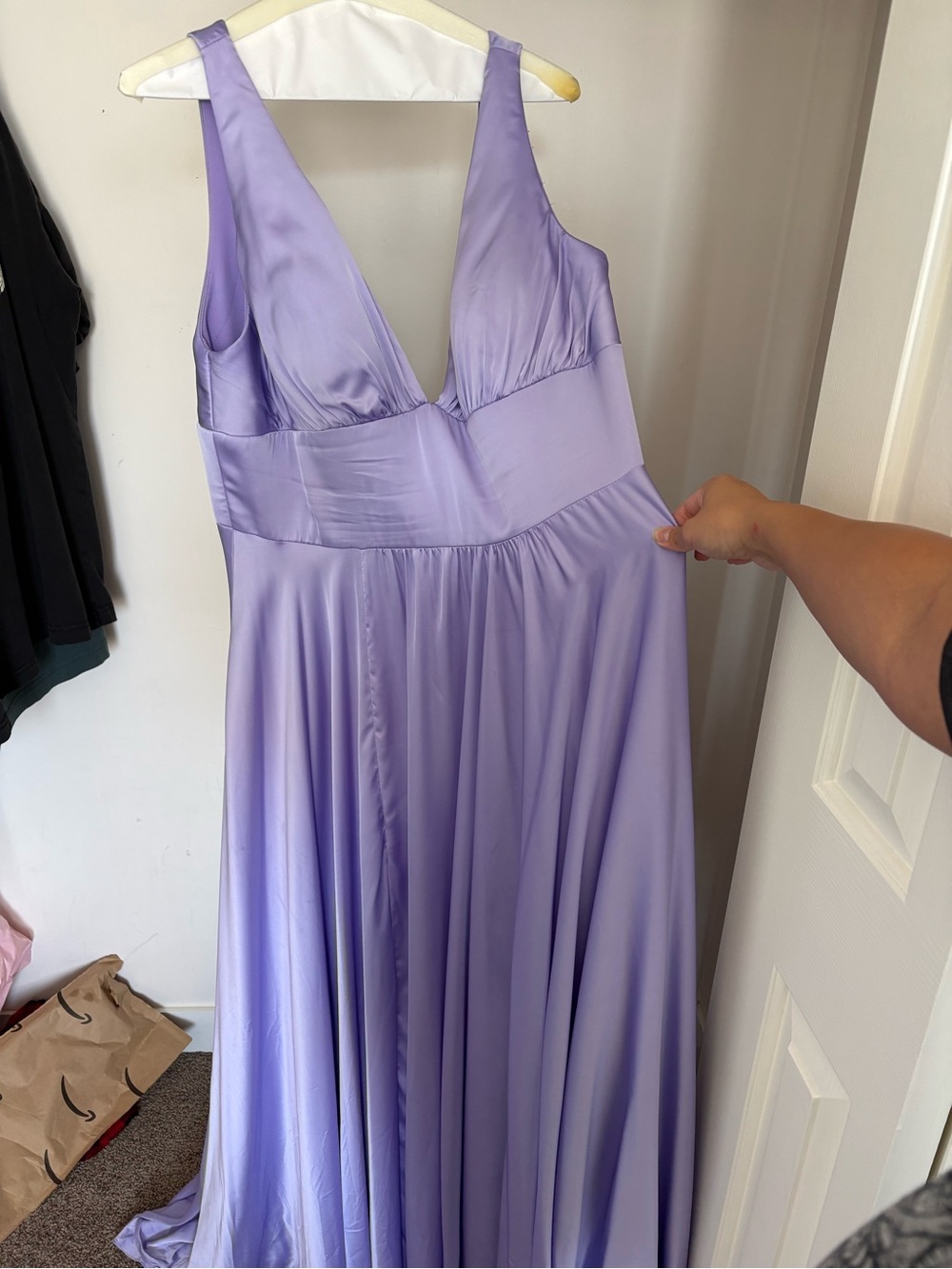 Cinderella Lavender Satin V-Neck Prom Gown